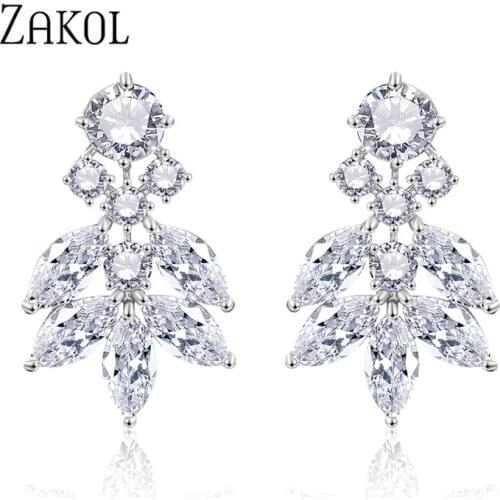 ZAKOL Marquise Cut Cluster Flower Zirconia Crystal Stud Earrings Shiny Leaf Bridal Wedding Jewelry for Women