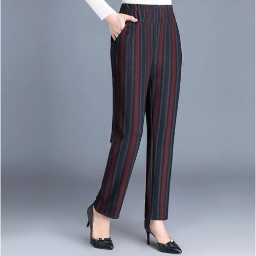 Women 2021 Autumn Winter New Thick Warm Striped Pants Female Elastic Waist Straight Pant Ladies Middle-aged Loose Trousers Q670