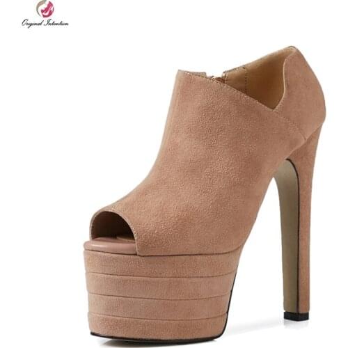 Original Intention Sexy Women Ankle Boots Suede Peep Toe Square Heels Boots Black Nude Shoes Woman US Size 3-9.5 Drop Shipping