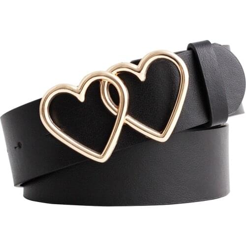 2020 Designer Womens Double Heart Buckle Belt Strap 3.3 cm Wide Black White Red Brown Leather Belts Female Dress Waist Belt