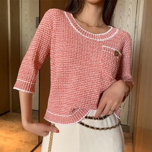2021 New Summer Luxury Elegant Women Pullover Sweater Knit Pink Green Striped Knitwear Short-Sleeved Short Top Designer Clothes