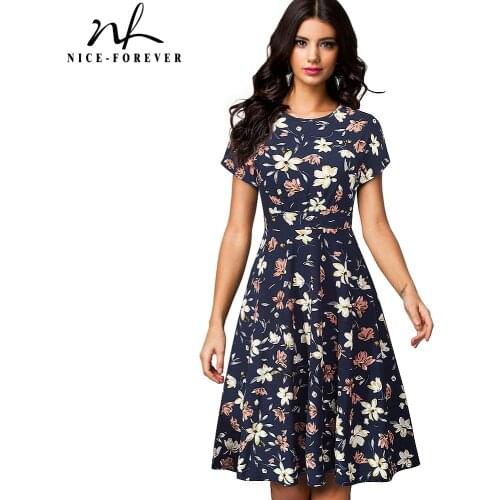 Nice-forever Vintage Retro Sun Flower Printed vestidos Business Party Female Flare Swing Summer Women Dress btyA102