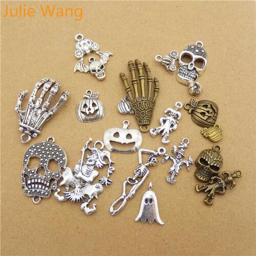 Julie Wang 20pcs Mixed Styles Halloween Pumpkin Skull Ghost Clown Charms Necklace Earrings Pendant Jewelry Making Accessory
