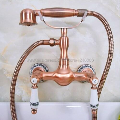 Antique Red Copper Bathroom Faucet Bath Faucet Mixer Tap Wall Mounted Hand Held Shower Head Kit Shower Faucet Sets Kna305