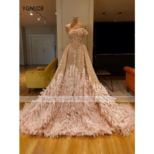 Sparkly Sequin African Girls Long Evening Dresses 2020 Mermaid One Shoulder Removable Feathers Train Formal Party Prom Gowns