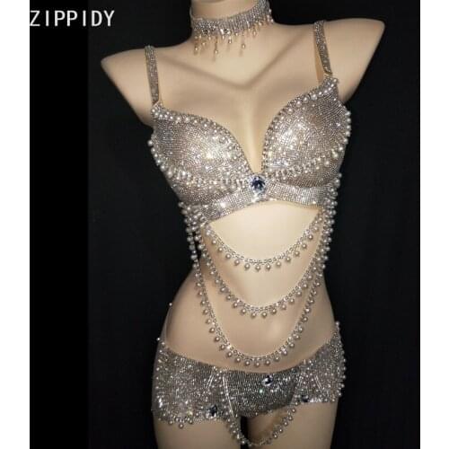 Flashing Silver Stones Pearl Bra Short Set Bar Women Dance Show Bikini Wear Prom Party Costume Beaded Outfit Set
