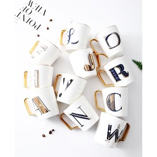 EWAYS Gold Handle Couple Cup Bone china Coffee Mug Creative Letter Wedding Birthday Gift