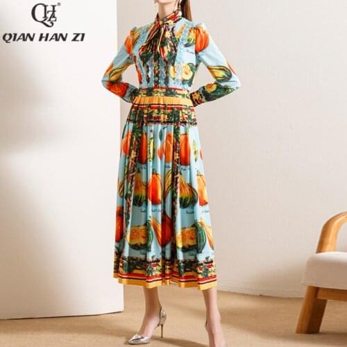 Qian Han Zi Designer Fashion Women Dress Bow collar long-sleeved lace bead print dress Elegant slim pleated Midi dress