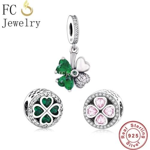 FC Jewelry Fit Original Charm Bracelet 925 Silver Four Heart Clover Green Zircon Stone Bead For Making Women Valentine Berloque