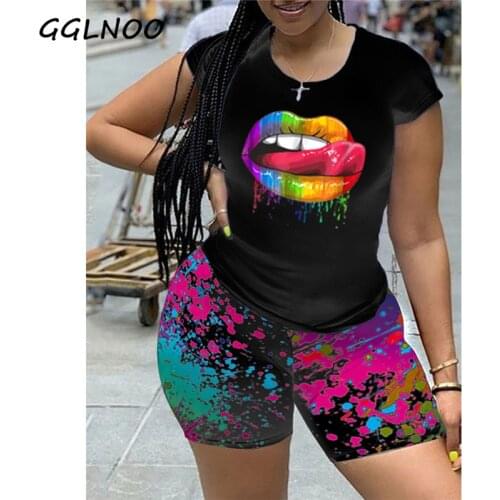 GGLNOO 2021 Summer Plus size Fat Lady Lip Print Short Sleeve Shorts Two-Piece Suit T-Shirt + Shorts Lounge Street Women Set