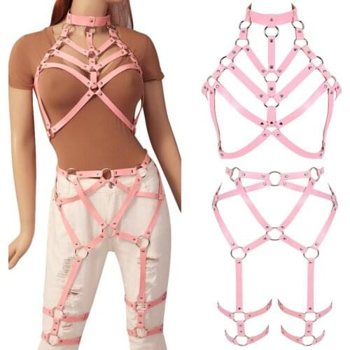 2Pcs Set Gothic Leather Sword Belts Women Cage Bra Harness Erotic Sexy Garters Lingerie Suspenders BDSM Body Bondage Chest Belt