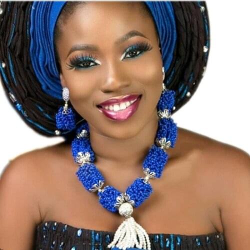 Crystal Jewelry Set Fashion Women Royal Blue White Silver Nigerian African Jewellery Set Bridal Earrings Bracelet and Necklace