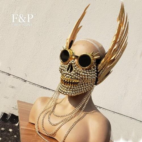 Burning Man Festival Gold Skull Feather Googles Mask Carnival Costume Gogo Dancer Halloween Accessories