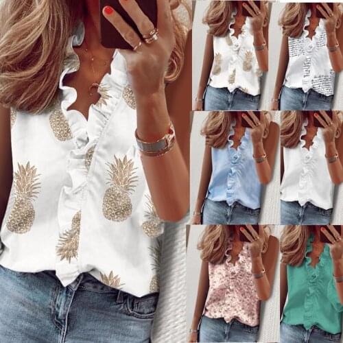 2020 Summer Ruffles Sleeveless Slim Pineapple Printed Shirt Women White Blouse