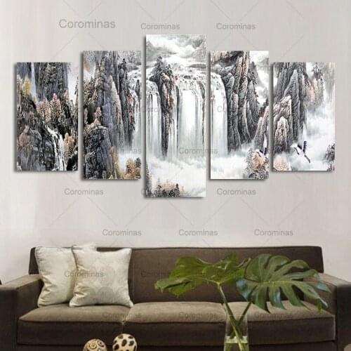 Canvas Paintings Modular 5 Pieces Ink Painting Natural Landscape Posters and Prints Waterfall Living Room Wall Art Home Decor