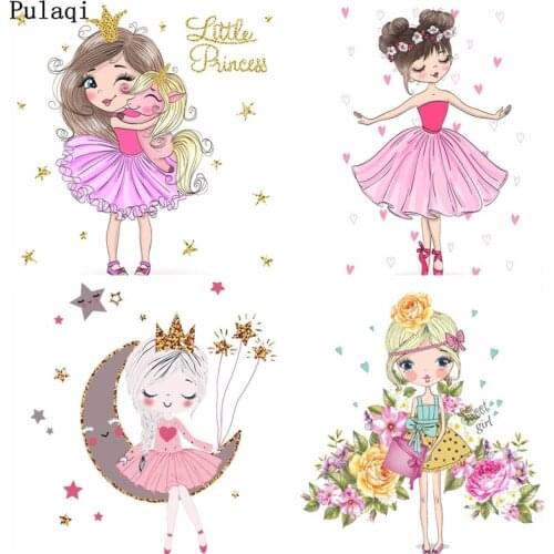 Pulaqi Beauty Girl Ironing Stickers Heat Transfer Vinyl Patch Thermal Iron on Transfer for Clothes Baby Cartoon Appliques Tshirt