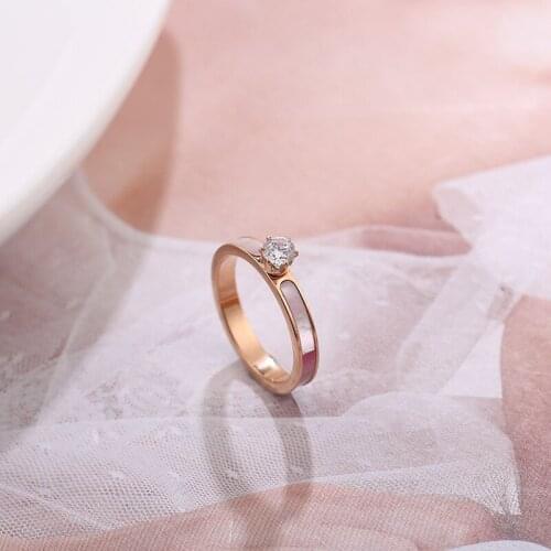 New Natural shell wedding rings for women, elegant pink gold color stainless steel ring anillos mujer aneis crystal jewelry
