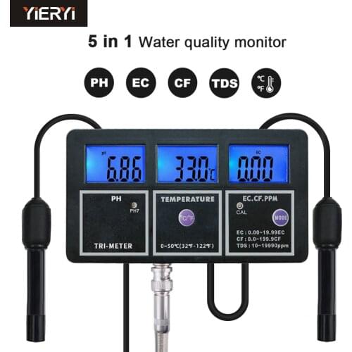 5 in 1 Multi-Parameter Temp TDS EC CF PH Meter Digital Water Quality Purity Tester Rechargeable Device Monitor for Aquarium Pool
