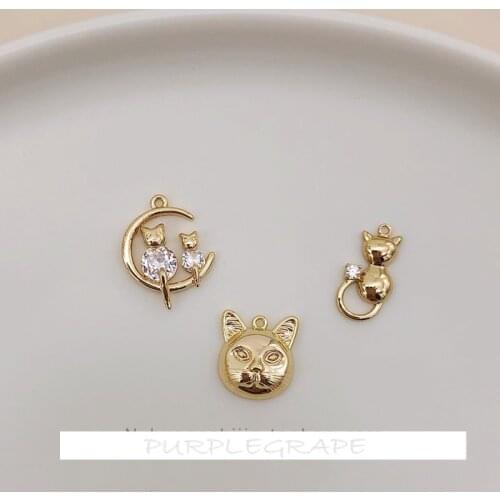18K Gold Preserving Color Kitten Pendant DIY Necklace Accessories Handmade Bracelet Copper Jewelry Accessories Moon Cat 2PCS