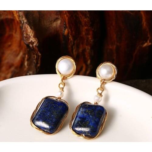 Natural Rectangle Lapis Lazuli Fresh Water Charm Drop Earring For Women Wedding Gift Vintage Dangle Earrings Original Design