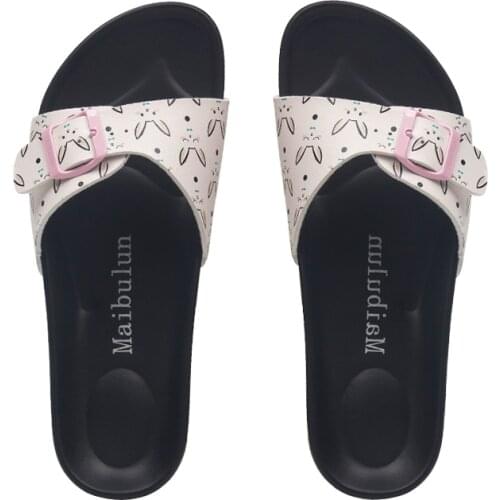 Cute hand painted rabbit square buckle belt cork slippers women open toe bling silver flip flops outdoor color block dot slides