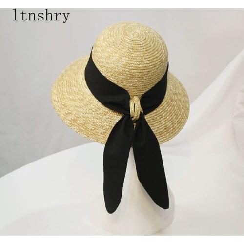 New Straw Hat womensSummer Hat For Women Large Wide Brim Sun Hat Ladies Fashion Big Black Bowknot Straw lady Bucket Beach Hat
