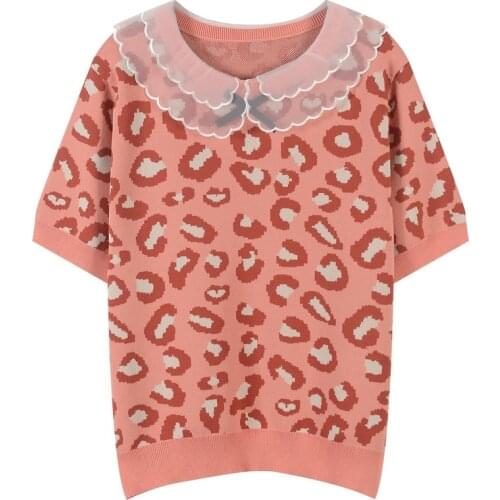 2020 spring summer women designer pink loepard knitted sweaters cute mesh patchwork collar short sleeve pullover top JC473