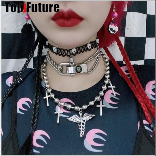 Japanese and Korean ins minority design fashion wings cross earth cool Street trampoline men and women girl Necklace choker gift