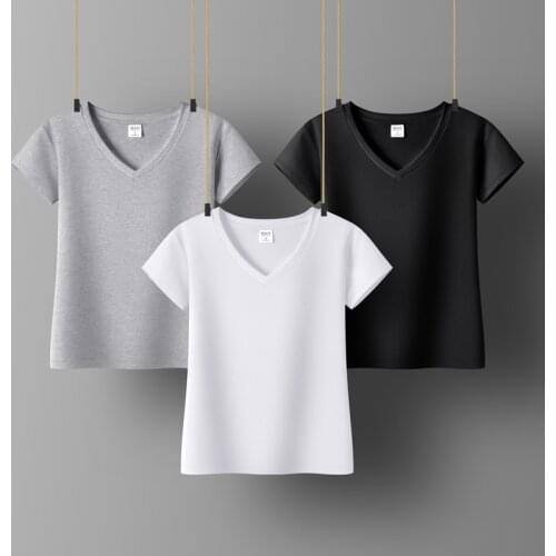 Cotton Women T-shirt V-neck Short Sleeve women shirt All match Lady Top Black White Gray Yellow Shir