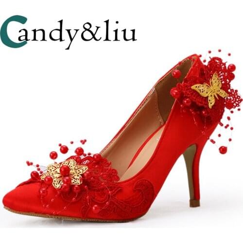 Women Red Pointed Toe Wedding Dress Shoes Gold Butterfly Beaded Embroidered Satin Fabric Pumps for Bride High Heel Sleep On