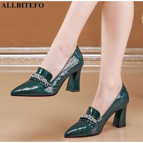 ALLBITEFO Size 34-42 Bead Design Stone Texture Real Genuine Leather Women Heels Shoes Spring Fashion Sexy Girls High Heel Shoes