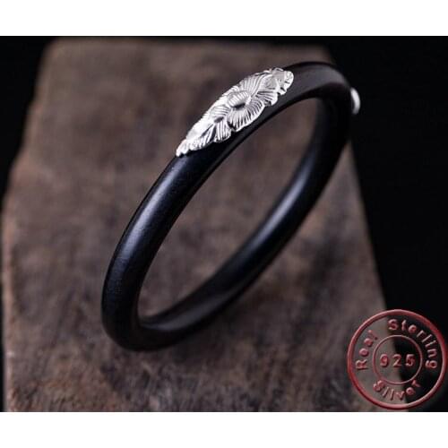 Amxiu Vintage 925 Sterling Silver Bangle Natural Black Ebony Bangles Handmade Bracelets Bangles For Women Men Gift Accessories
