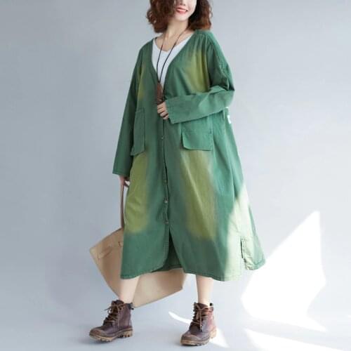 Women Plus Size Loose Oversized Denim Trench Coat Ladies Print Vintage Pockets Baggy Cowboy Overcoat V-neck jean long Cardigans