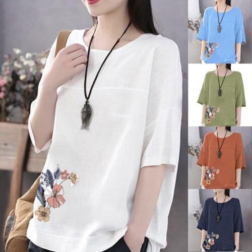 Summer literature and art style white trumpet Casual Short Sleeve womens Cotton hemp loose round neck top large womens wear