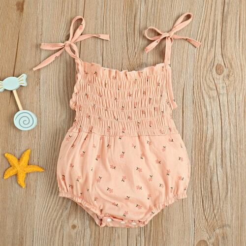 Cute Infant Baby Girls Tie Strap Rompers New Summer Toddler Kids Sleeveless Jumpsuits Cotton Floral Print Smocked Playsuits