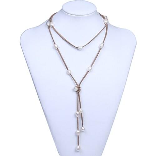 Long women leather pearl necklaces