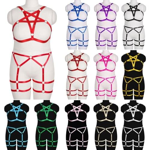Women Plus Size Elastic Pentagonal Strap Top Garter Two Piece Set Sexy Harness Bra Cage Adjustable Suspenders Belts Bdsm Rave