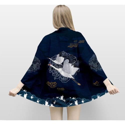 Samurai Crane Haori Kimono Harajuku Japanese Style Plus Size Samurai Costume Yukata Asian Clothes Cardigan Men Women Jacket