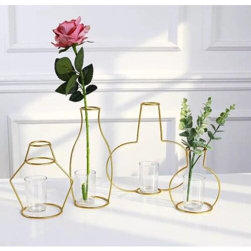 Nordic Creative Simple Vase Golden Hydroponic Plant Holder Iron Line Flowers Ornament Home Garden Decoration Abstract Iron Vase