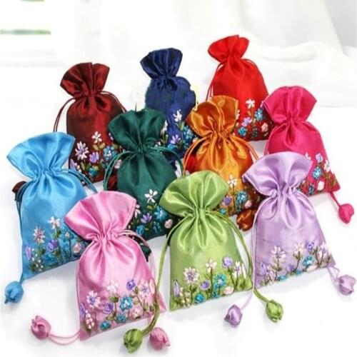 Handmade Ribbon Embroidery Small Jewelry Pouch Drawstring Wedding Party Gift Bags Packaging Empty Sachet Favor Bags 50pcs/lot