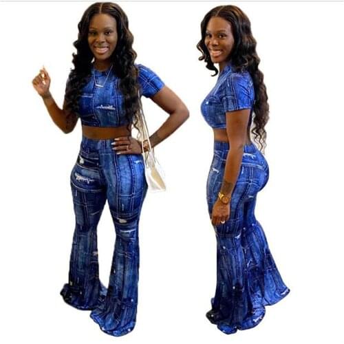 Fashion Women/Girl O-Neck Imitation Cowboy Dew Umbilical Short T-Shirt + Elastic Waist Flare Pants 2 Piece Casual Sets Gray/Blue