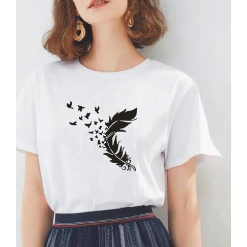 Fashion Feather Print T Shirts Women Tops Summer Short Sleeve Casual Tee Shirt Femme Korean Harajuku Women T Shirt Camisas Mujer