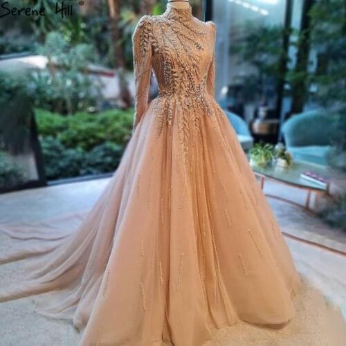 Muslim Gold Luxury Ball Gowns Evening Dress 2021 Long Sleeves Beading Women Party Wear BLA71013 Serene Hill