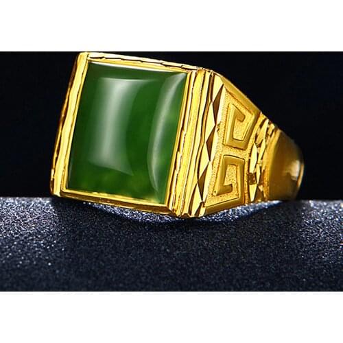 Masculine carving green jade rings for men 18k gold color gemstones jewelry bague royal band fashion vintage accessories gifts