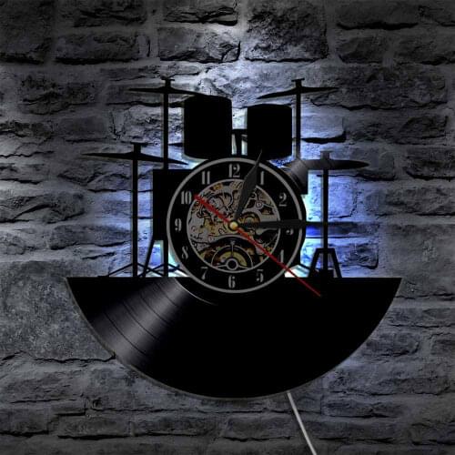 Set Drums Silhouette Wall Clock Drum Kit Vinyl Record Wall Clock Music Band Drums Musical Instruments Drummer Home Decor Gift