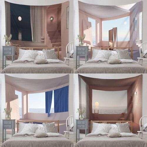 Window Landscape Tapestry Wall Fabric Sea View Room Home Decoration Hippie Boho Polyester Cloth Wall Blanket Decor Bedroom Dorm