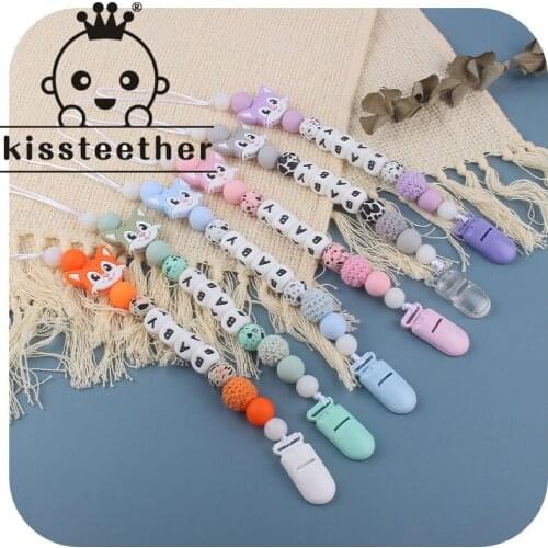 Kissteether Customizable Pacifier Chain Personalised Baby Pacifier Clip Crochet Beads Silicone Fox Feeding Chain Teether Toys