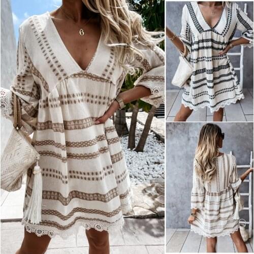 Autumn New Lace Cuffs Rhombus Print V-neck Stripe Mini Dress All-match Casual Style Woman