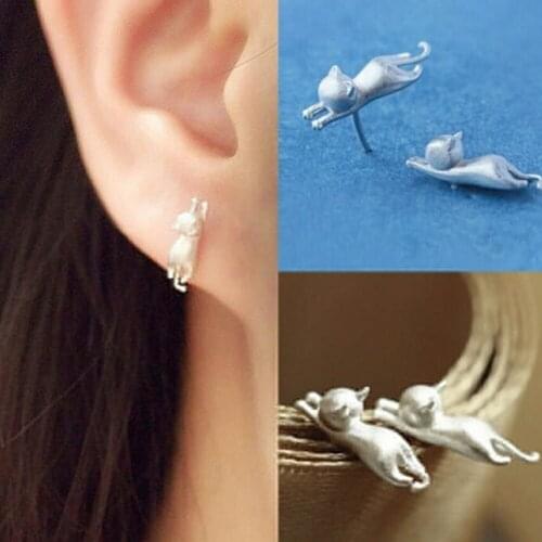 New Fashion Cute Small Animal Aat Earrings Sweet Scrub Cat Simple Silver Color Stud Earrings For Birthday Gift