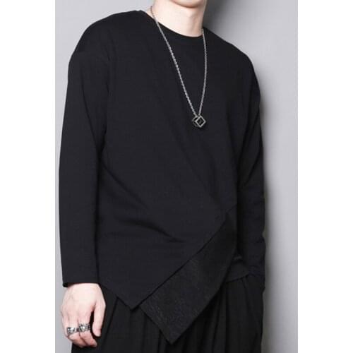 Autumn and winter dark design sense of personality stitching irregular Hem long-sleeved round-necked t-shirt mens undershirt